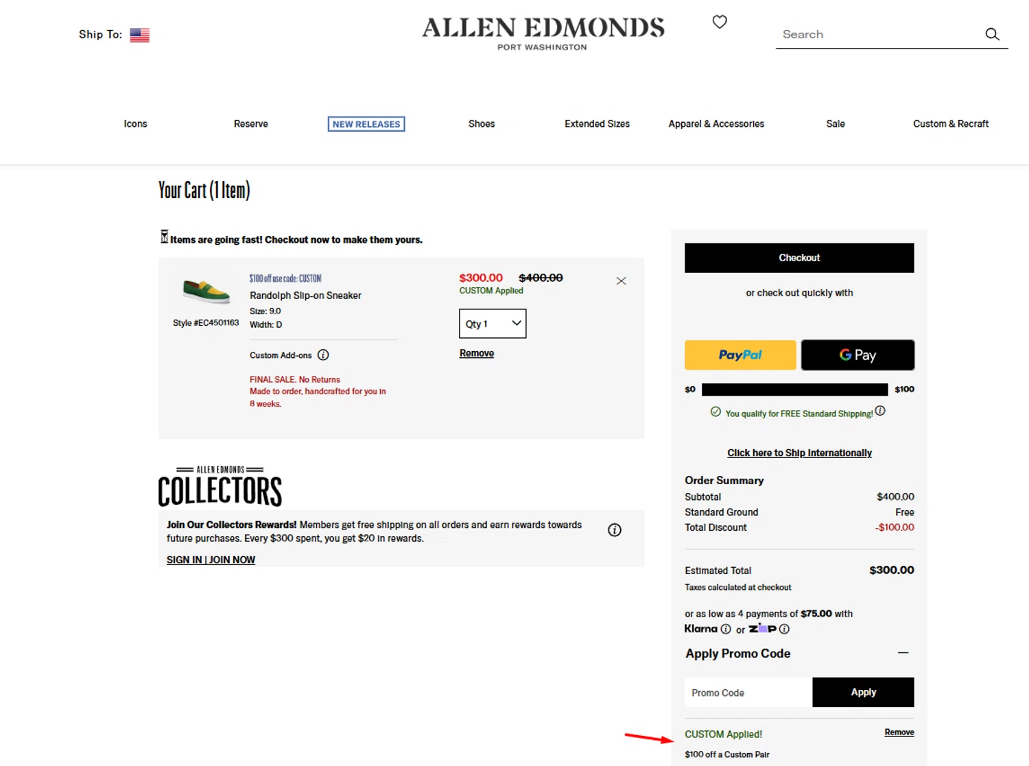 Allen Edmonds promo code screenshot showing code CUSTOM applied at Allen Edmonds checkout page. Uploaded by SimplyCodes community member valeriaantonieta on May 1, 2025