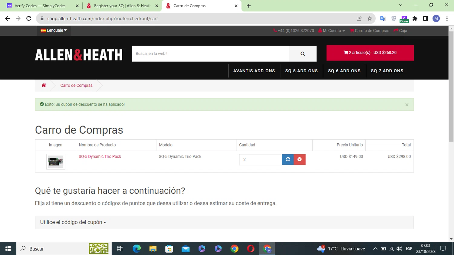 Allen & Heath checkout page showing Allen & Heath promo code box | Screenshot taken by SimplyCodes community member on Oct 23, 2023