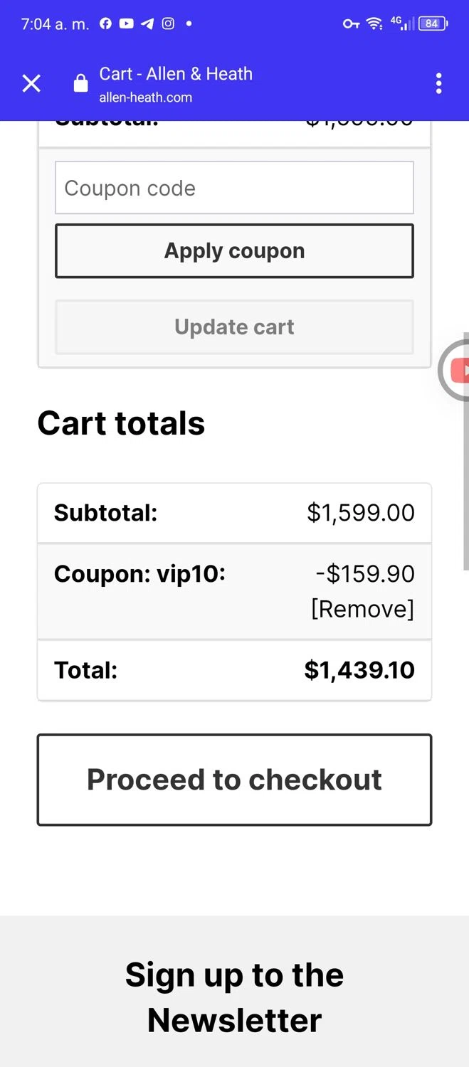 Allen & Heath checkout page showing Allen & Heath promo code box | Screenshot taken by SimplyCodes community member on Nov 21, 2023
