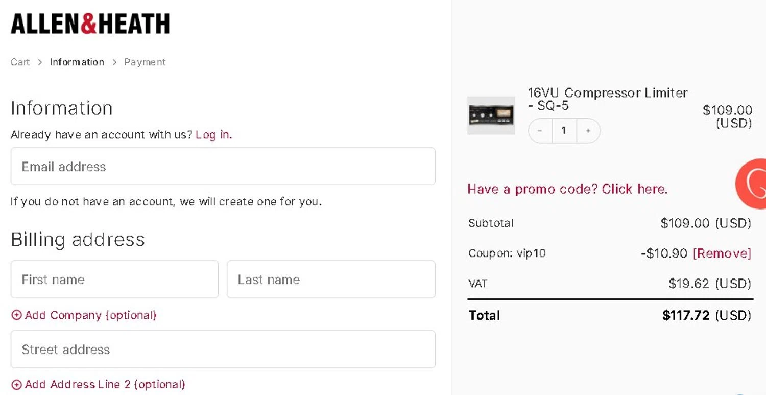 Allen & Heath promo code screenshot showing code VIP10 applied at Allen & Heath checkout page. Uploaded by SimplyCodes community member Elcompa on Oct 12, 2025