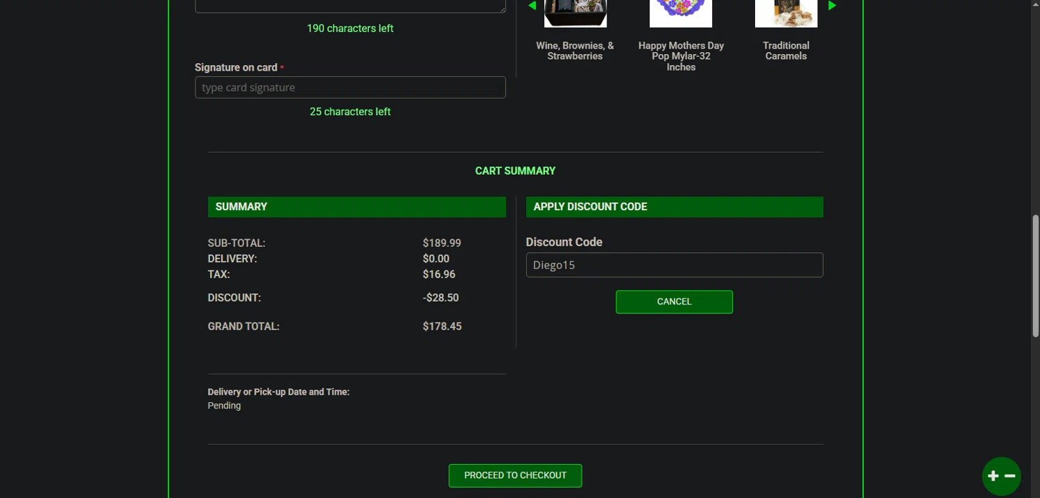 Allen's Flower Market promo code screenshot showing code Diego15 applied at Allen's Flower Market checkout page. Uploaded by SimplyCodes community member Nor_man on May 27, 2025
