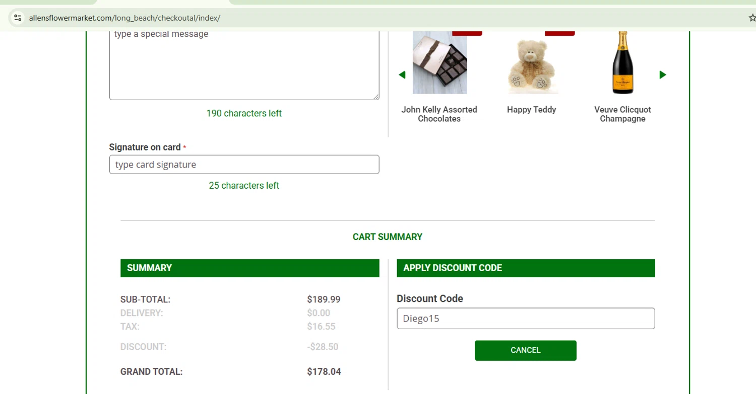 Allen's Flower Market checkout page showing Allen's Flower Market promo code box | Screenshot taken by SimplyCodes community member on Jan 31, 2025