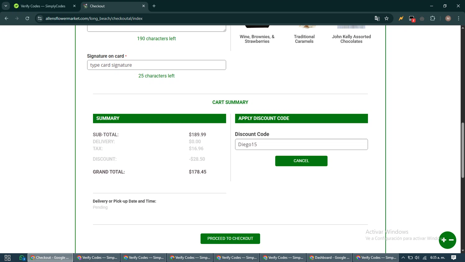 Allen's Flower Market promo code screenshot showing code Diego15 applied at Allen's Flower Market checkout page. Uploaded by SimplyCodes community member DiscountTitan4635 on Apr 28, 2025