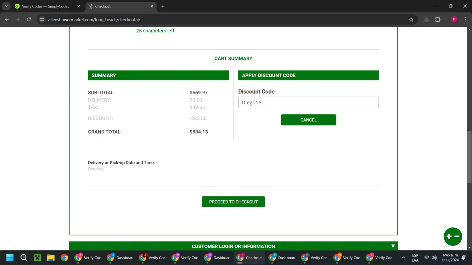 Allen's Flower Market checkout page showing Allen's Flower Market promo code box | Screenshot taken by SimplyCodes community member on Nov 1, 2024
