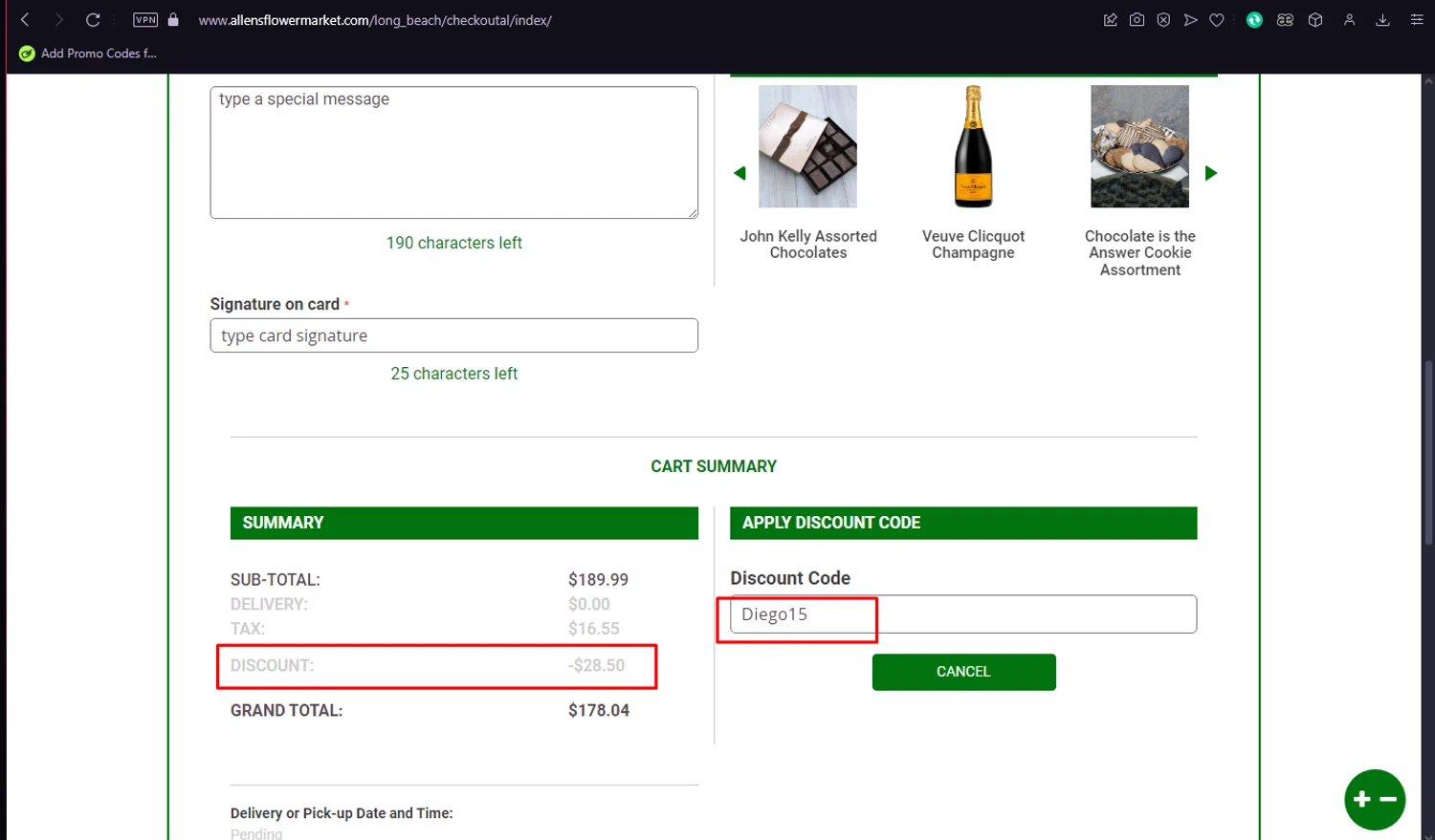 Allen's Flower Market checkout page showing Allen's Flower Market promo code box | Screenshot taken by SimplyCodes community member on Nov 7, 2024