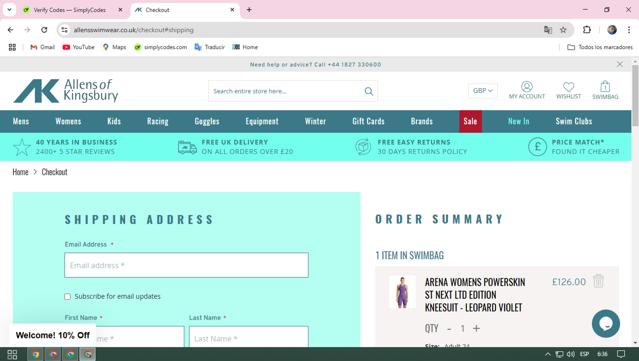Allens of Kingsbury checkout page showing Allens of Kingsbury discount code box | Screenshot taken by SimplyCodes community member on Feb 19, 2025