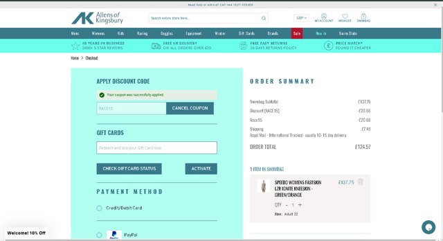 Allens of Kingsbury checkout page showing Allens of Kingsbury discount code box | Screenshot taken by SimplyCodes community member on Feb 2, 2025