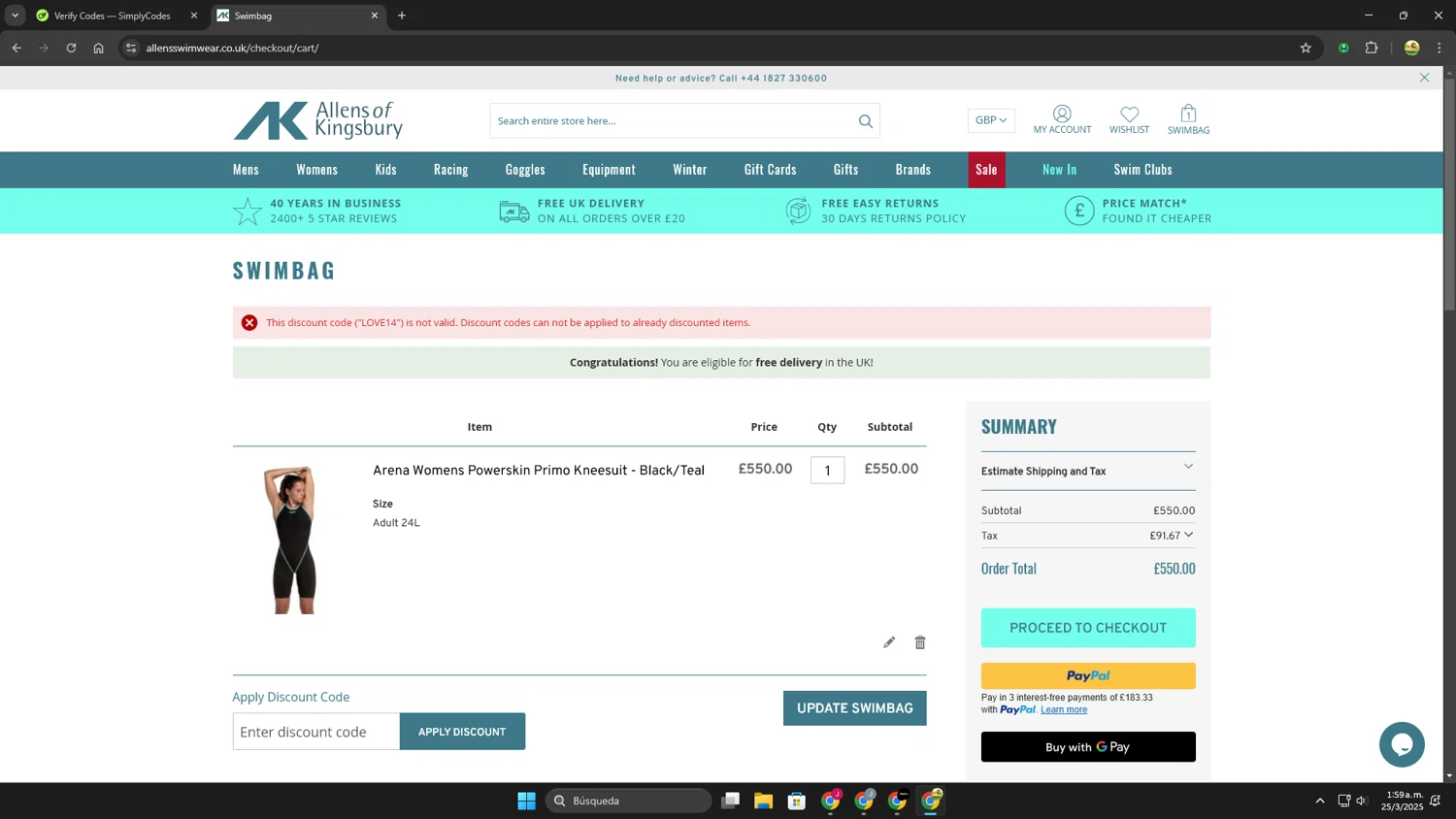Allens of Kingsbury discount code screenshot showing code LOVE14 applied at Allens of Kingsbury checkout page. Uploaded by SimplyCodes community member Leoncio on Mar 25, 2025
