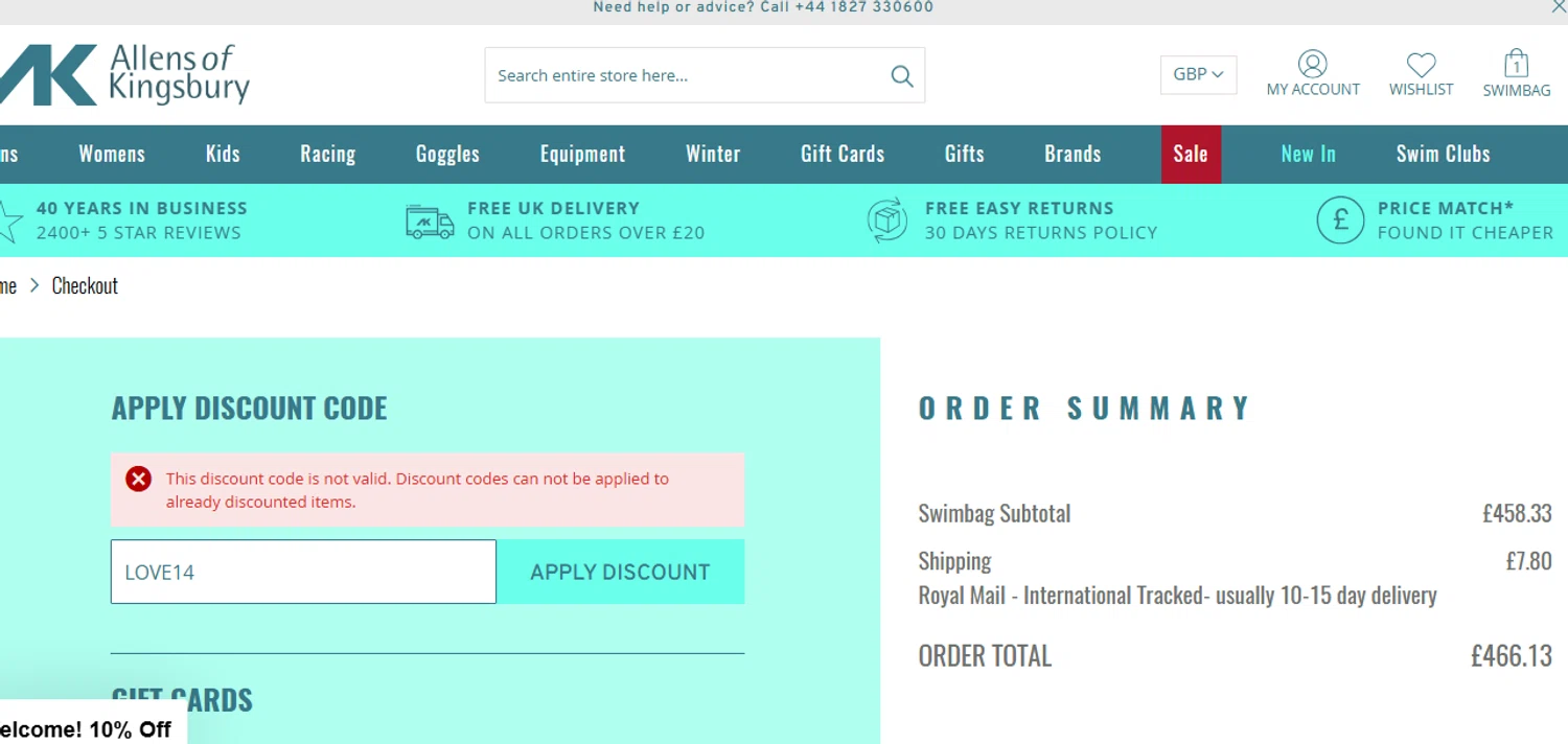 Allens of Kingsbury discount code screenshot showing code LOVE14 applied at Allens of Kingsbury checkout page. Uploaded by SimplyCodes community member BargainPilot9399 on Mar 25, 2025
