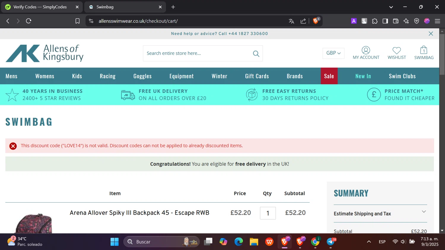 Allens of Kingsbury discount code screenshot showing code LOVE14 applied at Allens of Kingsbury checkout page. Uploaded by SimplyCodes community member hanzell2 on Mar 9, 2025