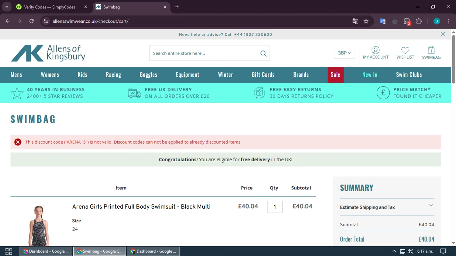 Allens of Kingsbury discount code screenshot showing code ARENA15 applied at Allens of Kingsbury checkout page. Uploaded by SimplyCodes community member PromoMonarch5278 on Mar 15, 2025