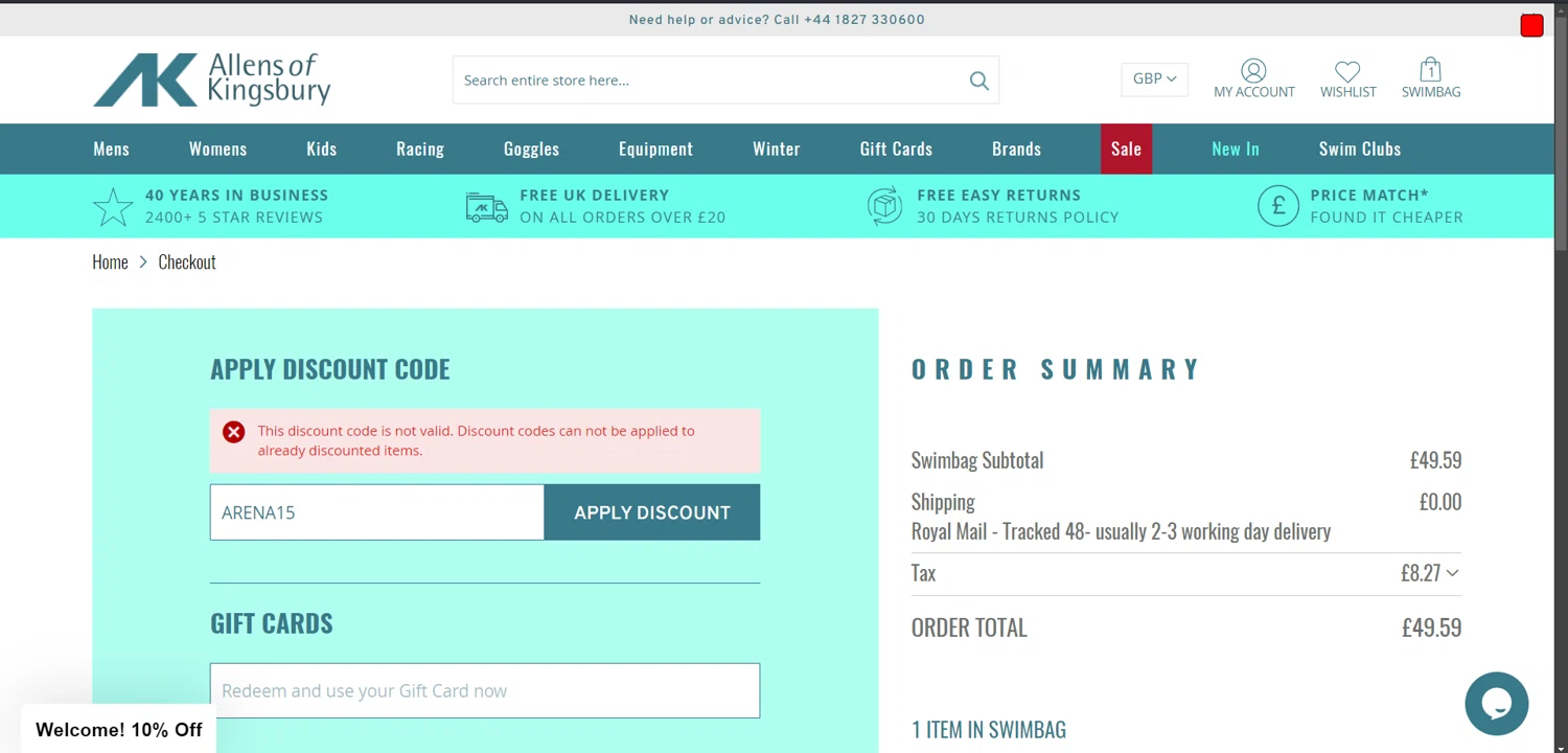 Allens of Kingsbury discount code screenshot showing code ARENA15 applied at Allens of Kingsbury checkout page. Uploaded by SimplyCodes community member THEROCKs on Mar 15, 2025