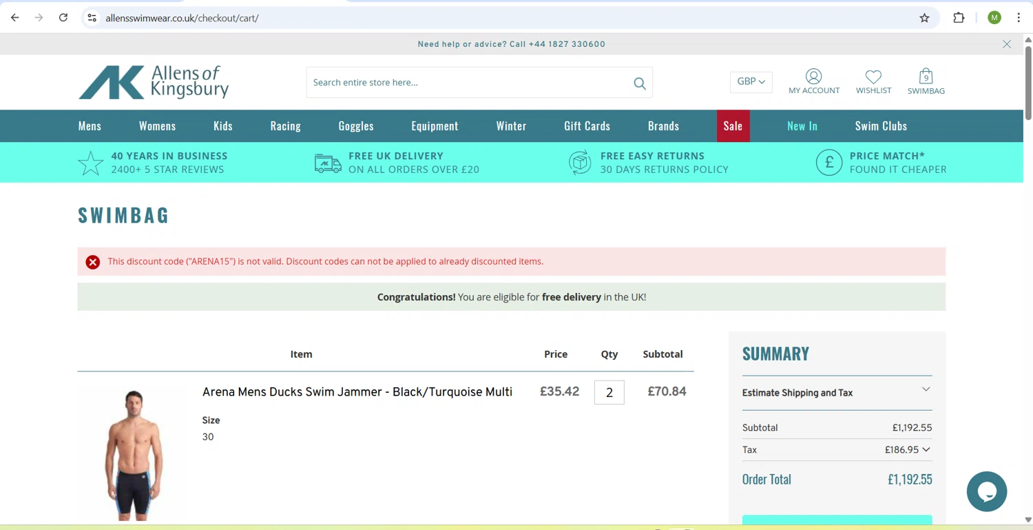 Allens of Kingsbury discount code screenshot showing code ARENA15 applied at Allens of Kingsbury checkout page. Uploaded by SimplyCodes community member ScanHunter7116 on Mar 15, 2025