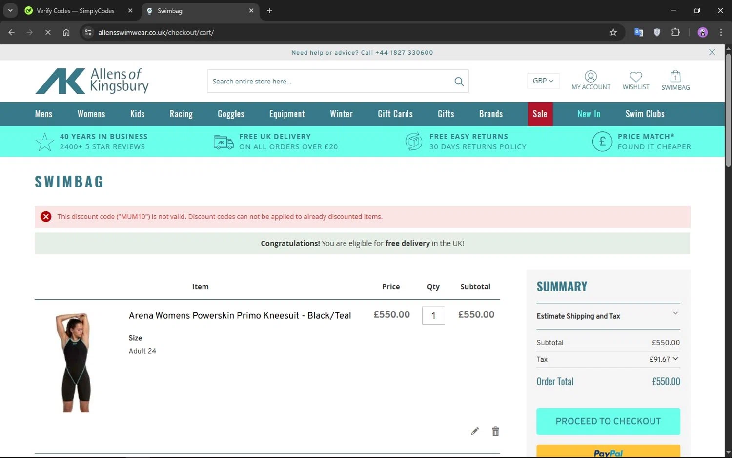 Allens of Kingsbury discount code screenshot showing code MUM10 applied at Allens of Kingsbury checkout page. Uploaded by SimplyCodes community member CrownMaestro9486 on Apr 24, 2025