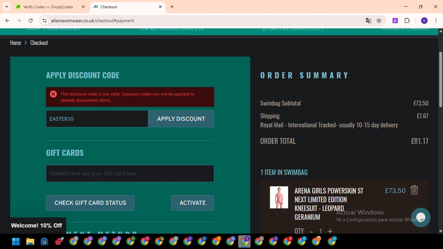 Allens of Kingsbury discount code screenshot showing code EASTER10 applied at Allens of Kingsbury checkout page. Uploaded by SimplyCodes community member PromoLion4240 on May 16, 2025