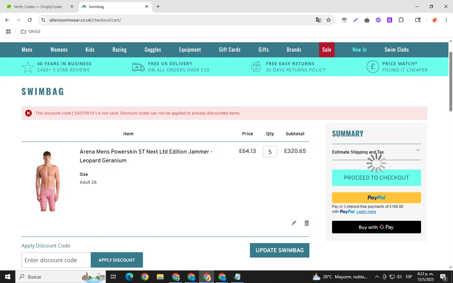 Allens of Kingsbury discount code screenshot showing code EASTER10 applied at Allens of Kingsbury checkout page. Uploaded by SimplyCodes community member chemozavala on May 16, 2025