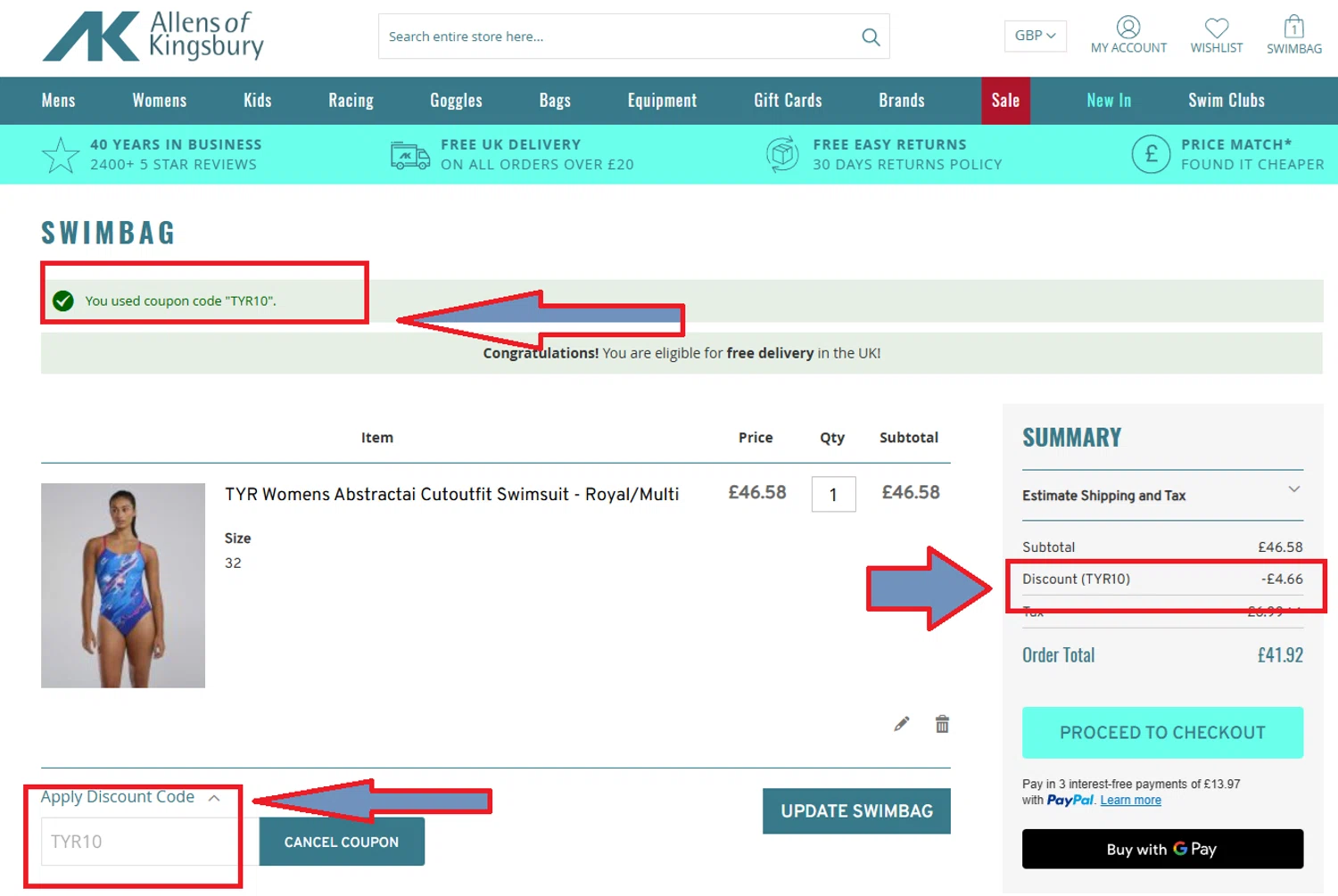 Allens of Kingsbury discount code screenshot showing code TYR10 applied at Allens of Kingsbury checkout page. Uploaded by SimplyCodes community member kattylar on Aug 12, 2025