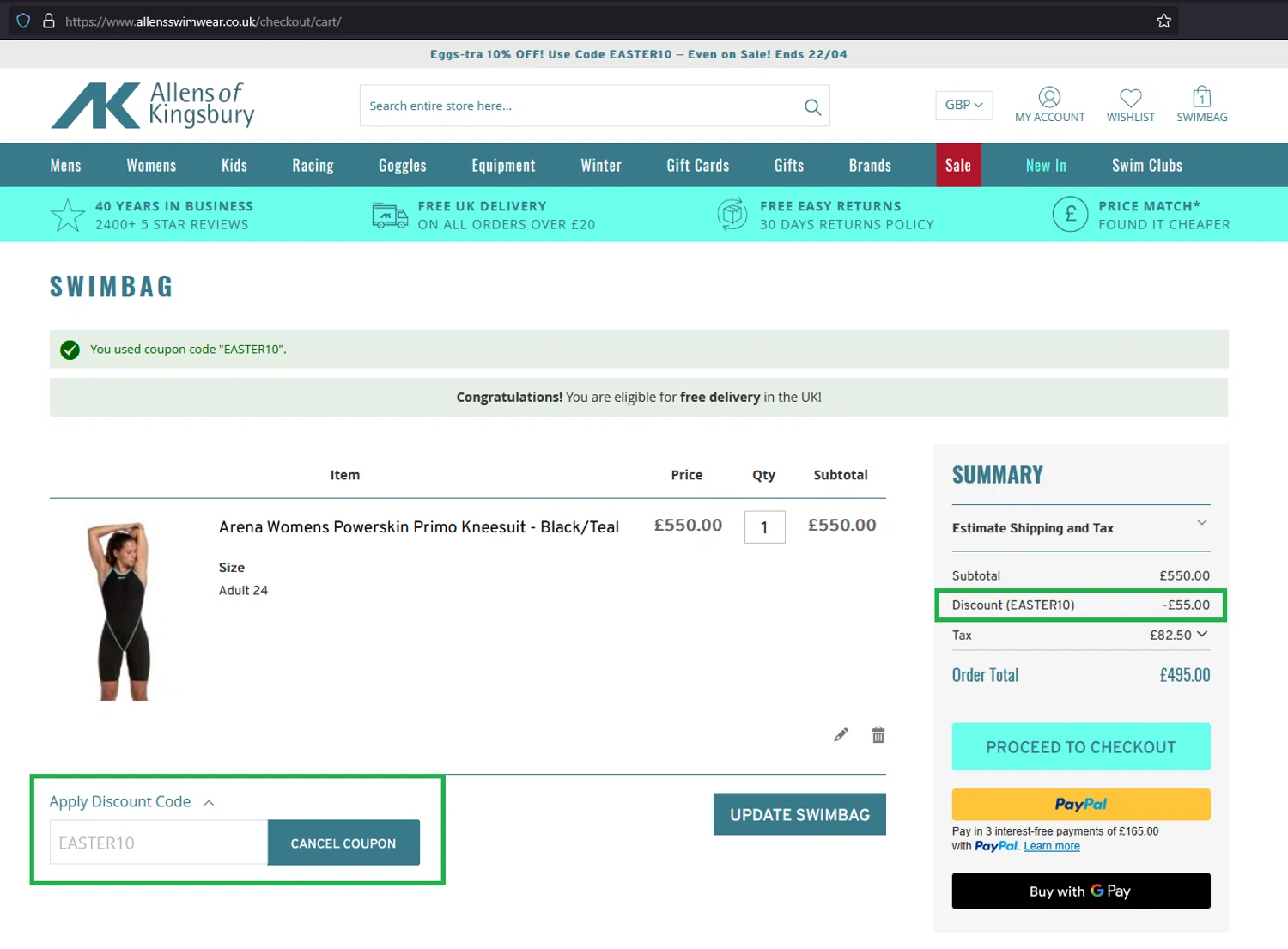 Allens of Kingsbury discount code screenshot showing code EASTER10 applied at Allens of Kingsbury checkout page. Uploaded by SimplyCodes community member pablorobertocubaszan on Apr 17, 2025