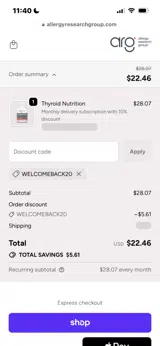 WELCOMEBACK20 coupon verification screenshot