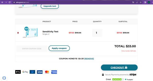 Allergy Test checkout page showing Allergy Test coupon code box | Screenshot taken by SimplyCodes community member on Dec 13, 2024