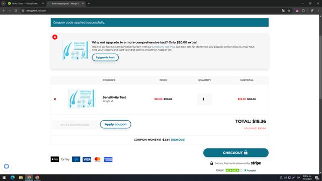 Allergy Test checkout page showing Allergy Test coupon code box | Screenshot taken by SimplyCodes community member on Feb 27, 2025