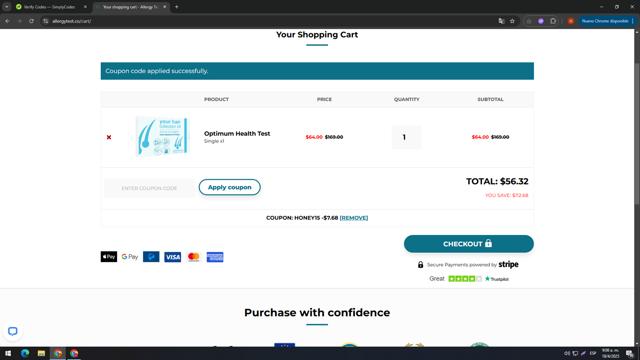 Allergy Test checkout page showing Allergy Test coupon code box | Screenshot taken by SimplyCodes community member on Apr 18, 2025