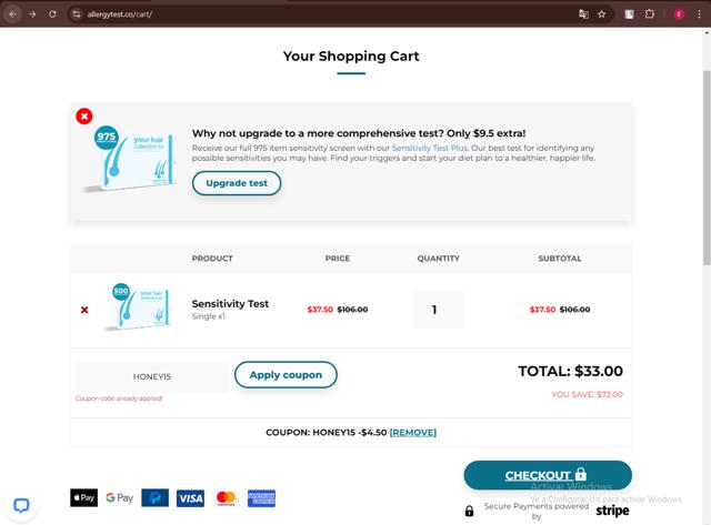 Allergy Test checkout page showing Allergy Test coupon code box | Screenshot taken by SimplyCodes community member on Dec 13, 2024