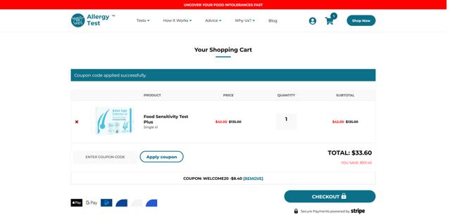Allergy Test checkout page showing Allergy Test coupon code box | Screenshot taken by SimplyCodes community member on Apr 9, 2025