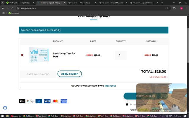 Allergy Test checkout page showing Allergy Test coupon code box | Screenshot taken by SimplyCodes community member on Mar 24, 2025