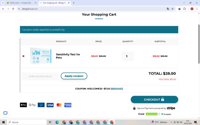 Allergy Test checkout page showing Allergy Test coupon code box | Screenshot taken by SimplyCodes community member on Mar 24, 2025