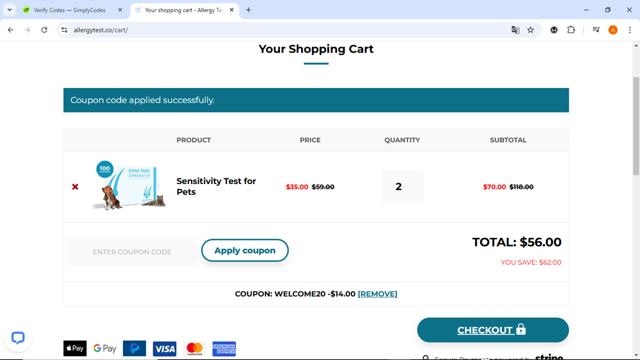 Allergy Test checkout page showing Allergy Test coupon code box | Screenshot taken by SimplyCodes community member on Dec 13, 2024