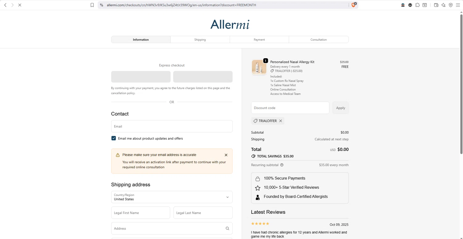 Allermi discount code screenshot showing code TRIALOFFER applied at Allermi checkout page. Uploaded by SimplyCodes community member dayselis15 on Oct 9, 2025
