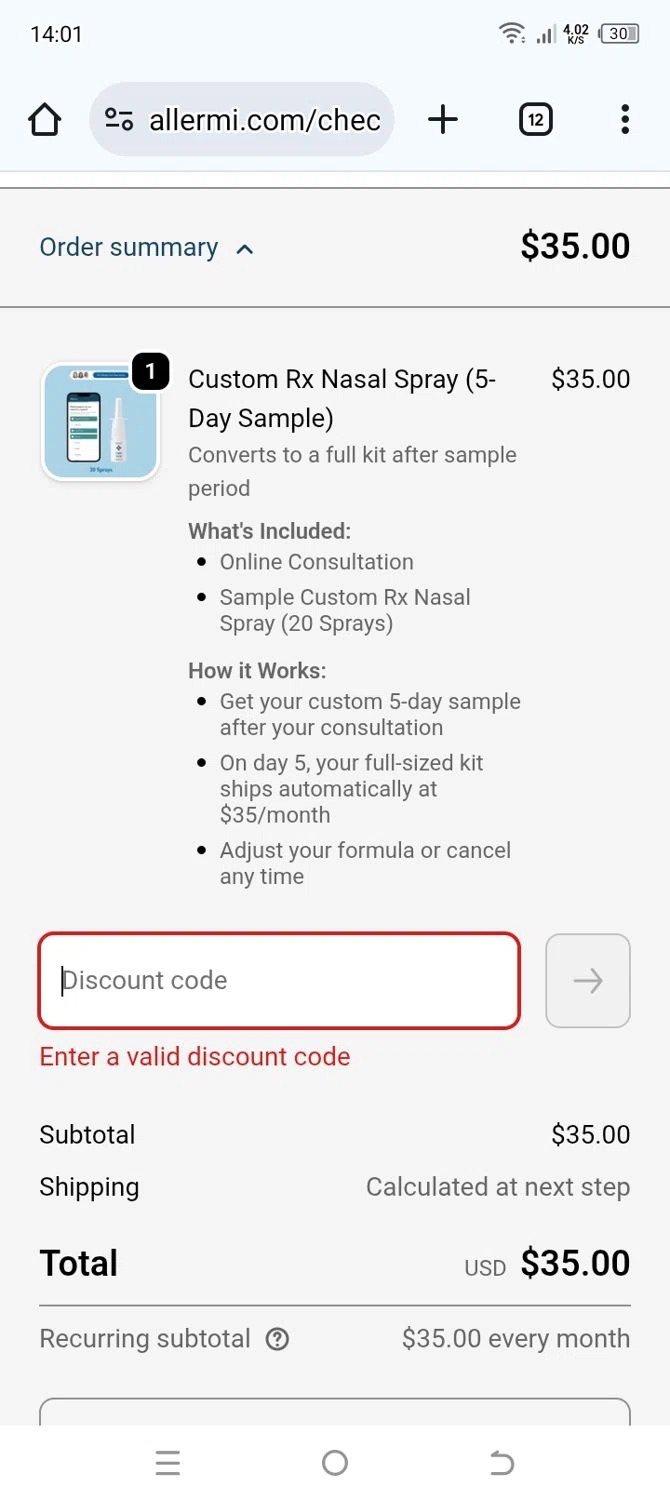 Allermi discount code screenshot showing code BREATHE50 applied at Allermi checkout page. Uploaded by SimplyCodes community member ElToro on Oct 31, 2025