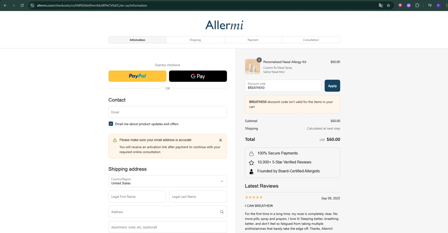 Allermi checkout page showing Allermi discount code box | Screenshot taken by SimplyCodes community member on Sep 8, 2025