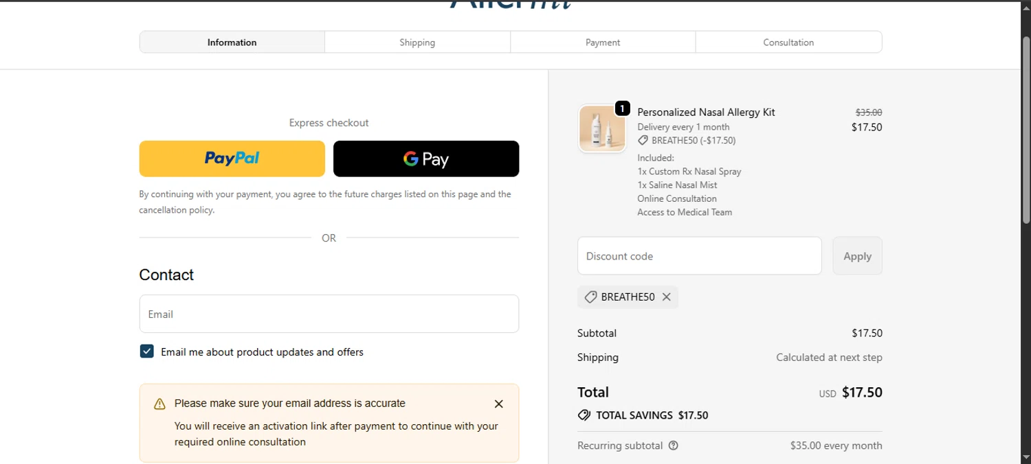 Allermi discount code screenshot showing code BREATHE50 applied at Allermi checkout page. Uploaded by SimplyCodes community member noworries on Sep 28, 2025