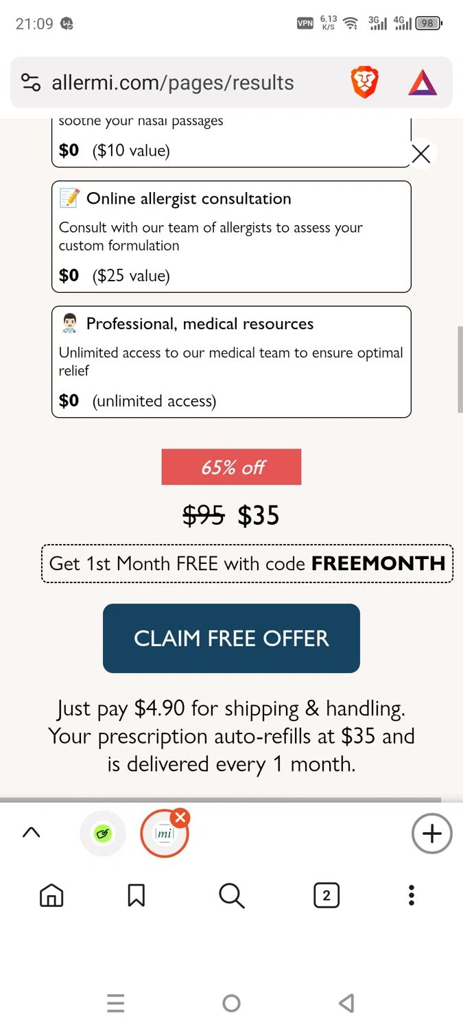 Allermi discount code screenshot showing code FREEMONTH applied at Allermi checkout page. Uploaded by SimplyCodes community member dayselis15 on Sep 6, 2025