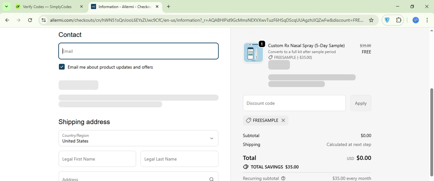 Allermi discount code screenshot showing code FREESAMPLE applied at Allermi checkout page. Uploaded by SimplyCodes community member Logoteam on Nov 7, 2025