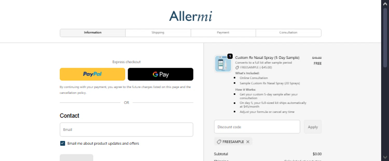 Allermi discount code screenshot showing code FREESAMPLE applied at Allermi checkout page. Uploaded by SimplyCodes community member TraxoGamer on Jan 4, 2026