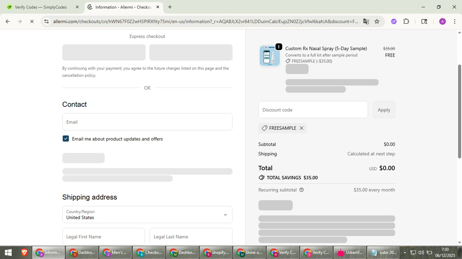Allermi discount code screenshot showing code FREESAMPLE applied at Allermi checkout page. Uploaded by SimplyCodes community member cuieoseva on Dec 6, 2025