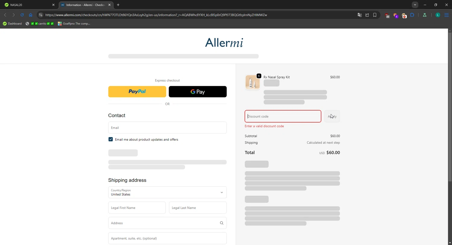 Allermi discount code screenshot showing code NASAL20 applied at Allermi checkout page. Uploaded by SimplyCodes community member CrownBoss2710 on Jan 1, 2026