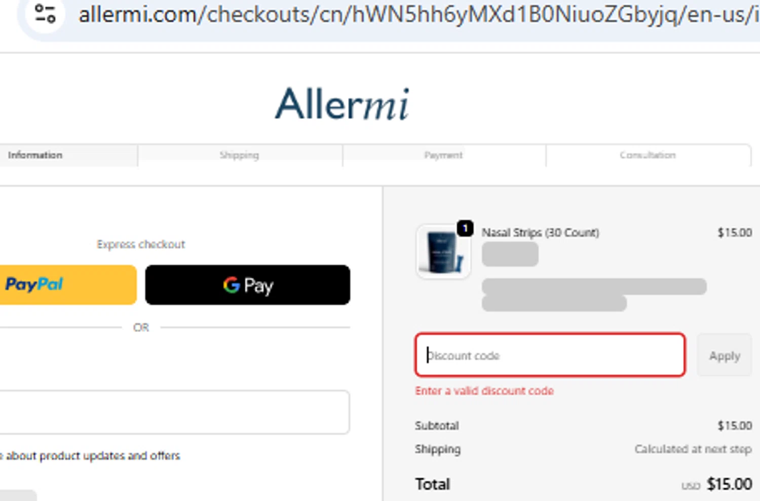 Allermi discount code screenshot showing code NASAL20 applied at Allermi checkout page. Uploaded by SimplyCodes community member PennyOwl2559 on Nov 25, 2025