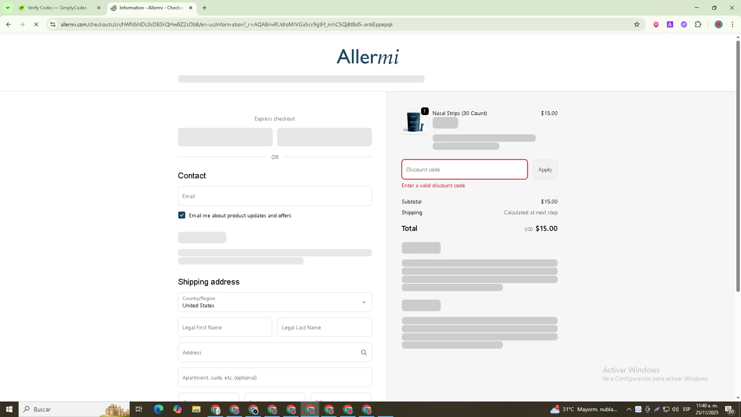 Allermi discount code screenshot showing code NASAL20 applied at Allermi checkout page. Uploaded by SimplyCodes community member Richard_Miller on Nov 25, 2025