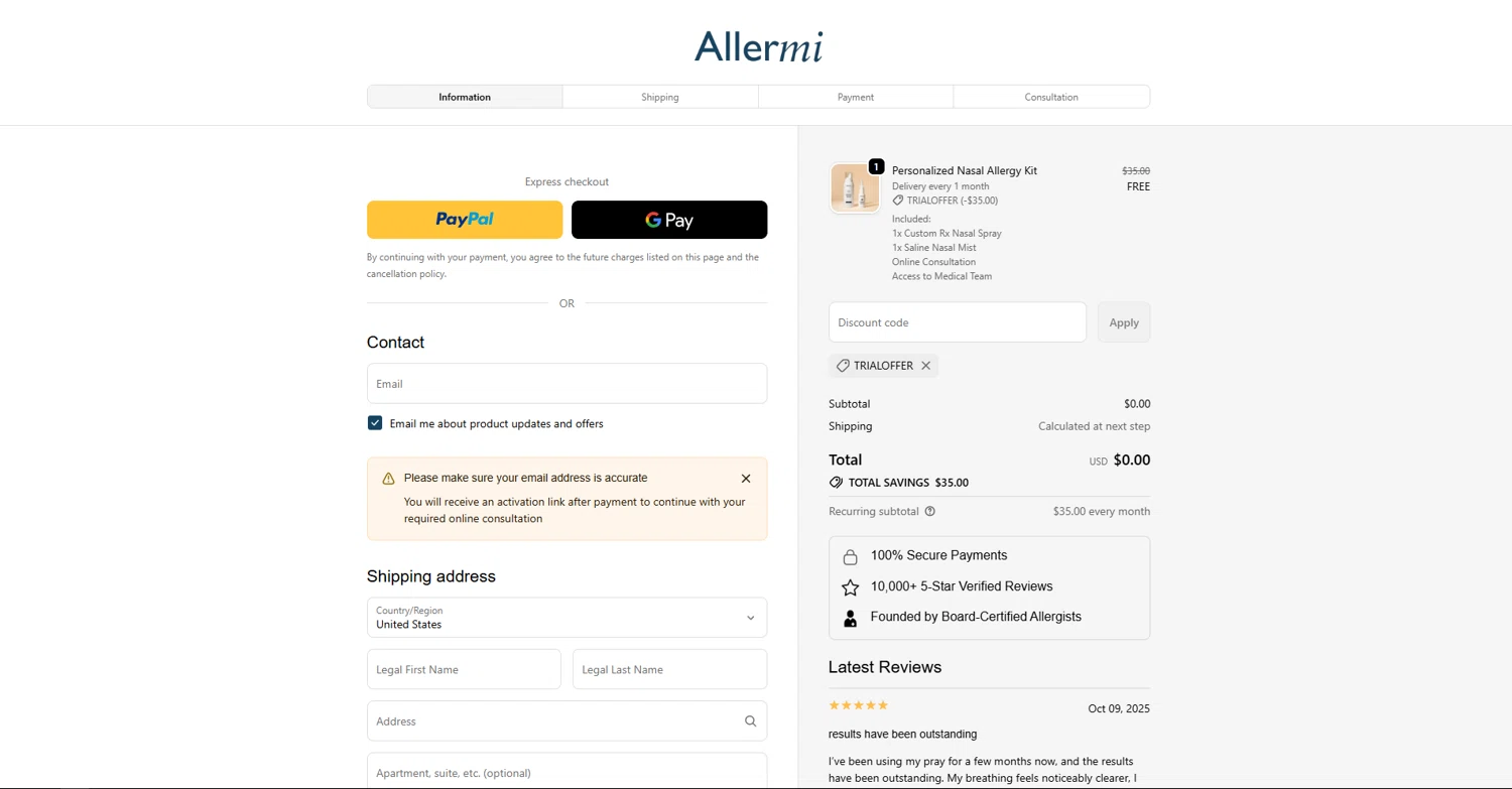 Allermi discount code screenshot showing code TRIALOFFER applied at Allermi checkout page. Uploaded by SimplyCodes community member vctr7w7x on Oct 9, 2025