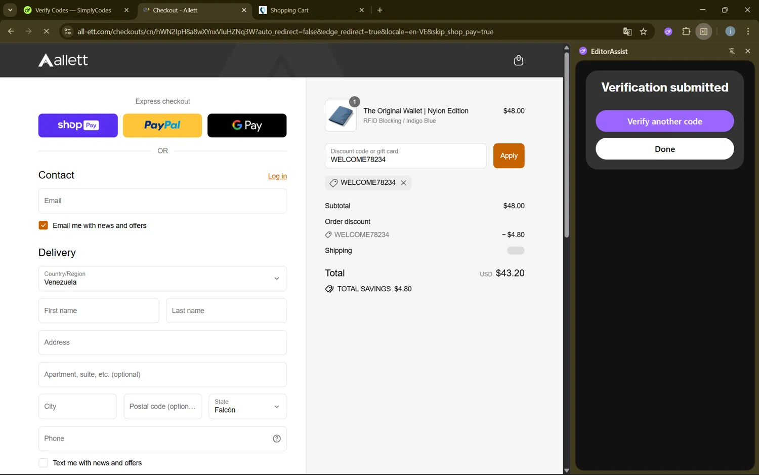 Allett promo code screenshot showing code WELCOME78234 applied at Allett checkout page. Uploaded by SimplyCodes community member frijolito on Aug 28, 2025