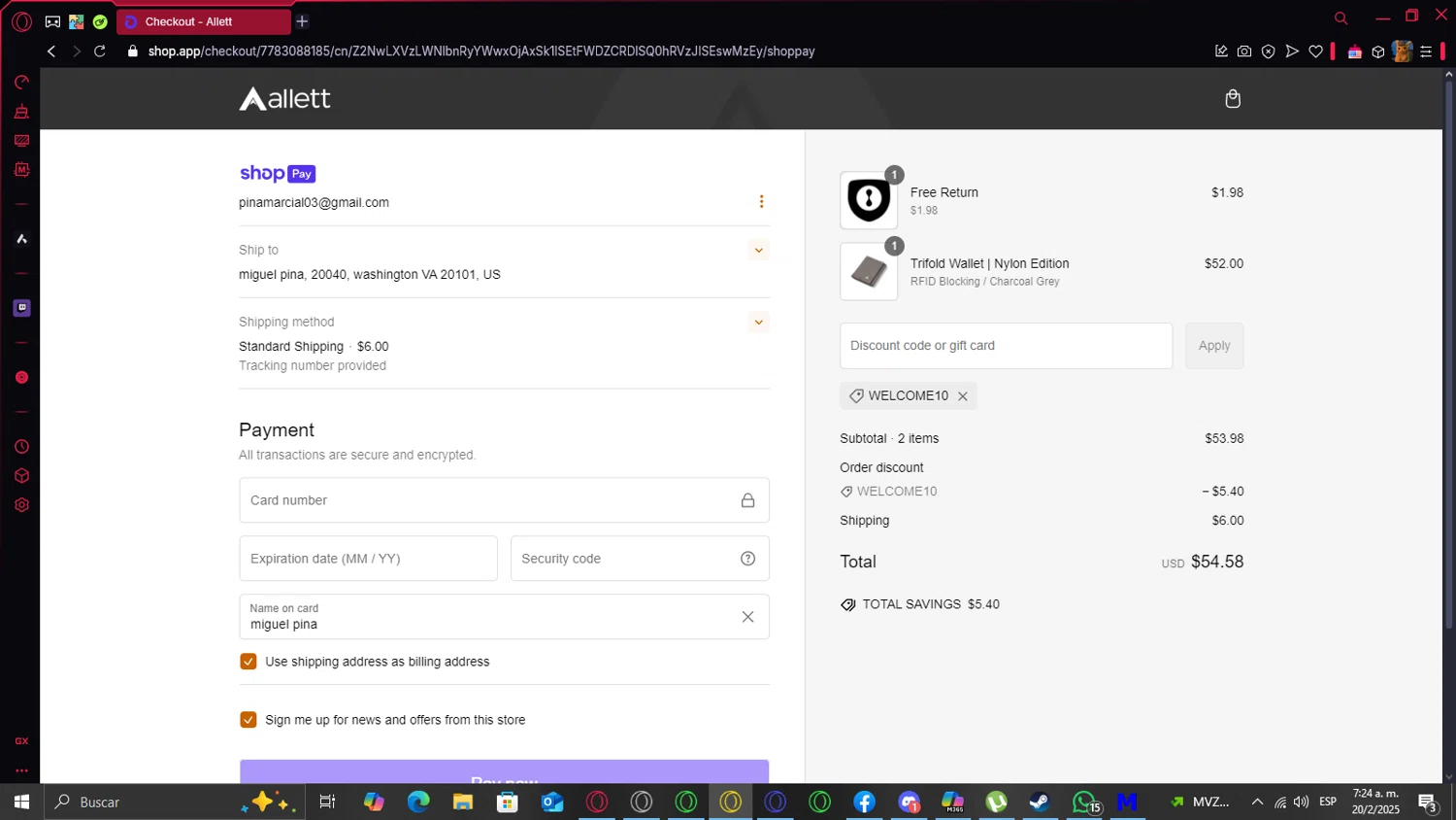 Allett promo code screenshot showing code WELCOME10 applied at Allett checkout page. Uploaded by SimplyCodes community member Pikachu on Feb 20, 2025