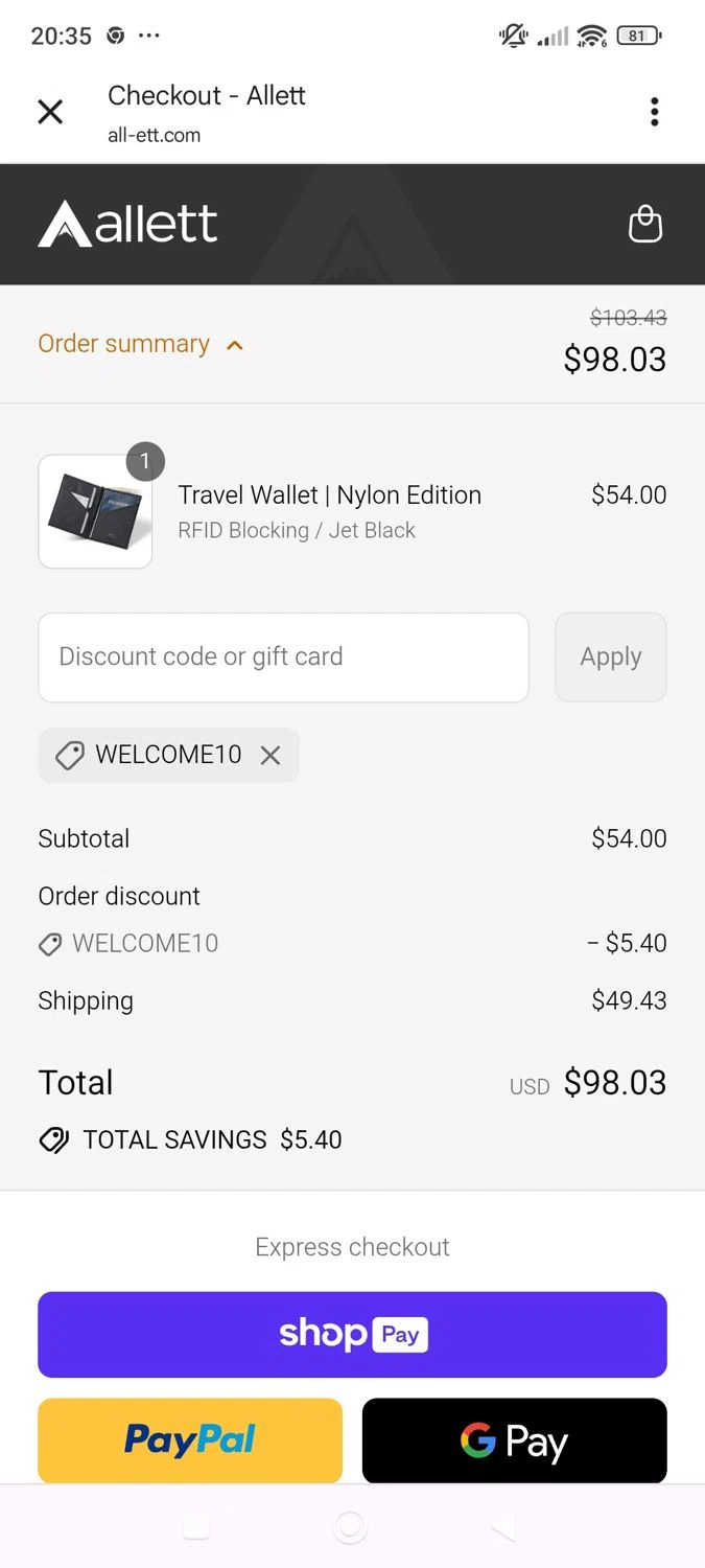 Allett promo code screenshot showing code WELCOME10 applied at Allett checkout page. Uploaded by SimplyCodes community member ShieldWhiz4659 on Aug 28, 2025
