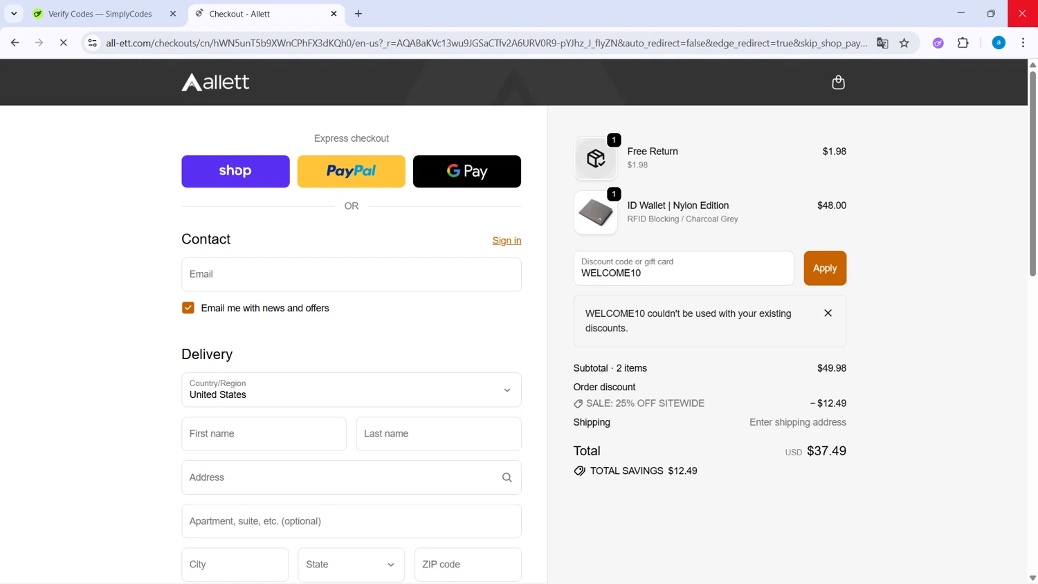 Allett promo code screenshot showing code WELCOME10 applied at Allett checkout page. Uploaded by SimplyCodes community member WiseHawk9255 on Dec 1, 2025