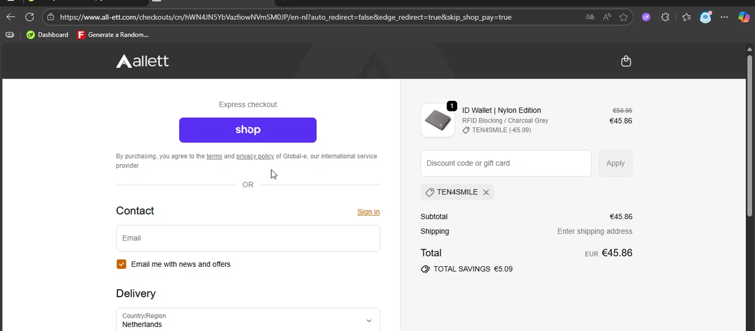 Allett promo code screenshot showing code TEN4SMILE applied at Allett checkout page. Uploaded by SimplyCodes community member AurelioCasillas on Oct 19, 2025