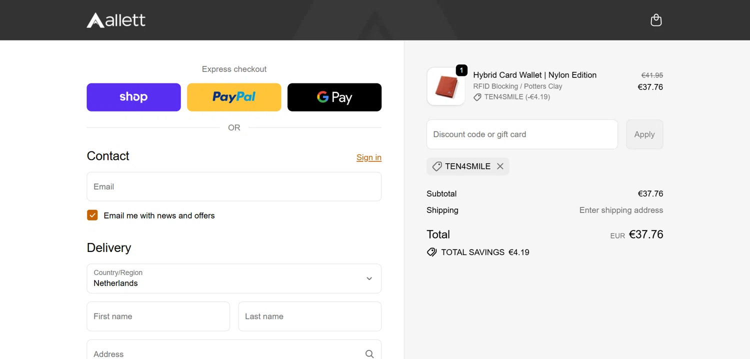 Allett promo code screenshot showing code TEN4SMILE applied at Allett checkout page. Uploaded by SimplyCodes community member Dorothy on Oct 9, 2025