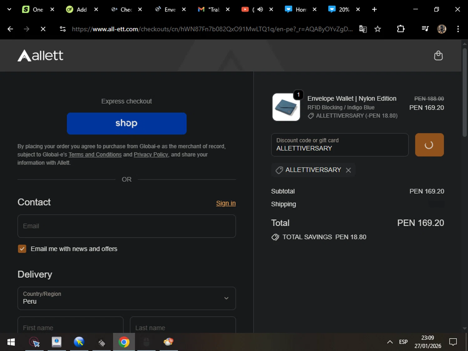 Allett promo code screenshot showing code ALLETTIVERSARY applied at Allett checkout page. Uploaded by SimplyCodes community member MarcosAranguren on Jan 28, 2026
